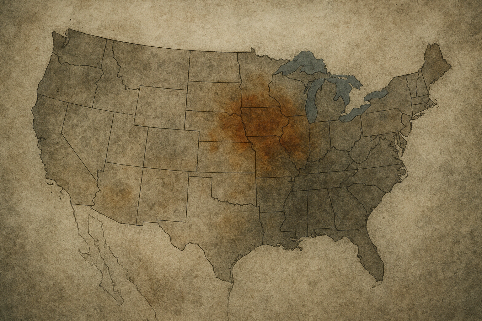 An imagined map of America’s unseen cartography—where rust, drought, and despair trace borders more enduring than ink.