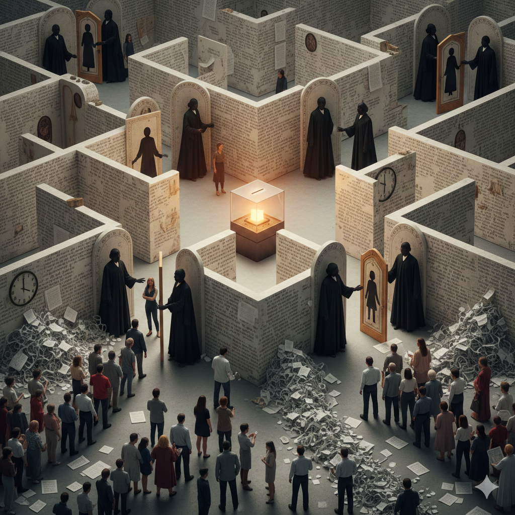 a modern judicial labyrinth. In the center, a glowing ballot box is visible but inaccessible, surrounded by intricate, transparent legal documents forming maze walls. Shadowy figures in judicial robes stand at key intersections, holding doors that open only for certain silhouettes. The foreground shows people of diverse backgrounds facing bureaucratic obstacles: long winding lines, confusing paperwork, and clock faces with limited hours. The style is photorealistic with symbolic elements, using a muted color palette of legal document beige and judicial robe black, with strategic highlights on the ballot box. Dramatic lighting creates deep shadows in the maze corridors, emphasizing the theme of hidden barriers to political participation.